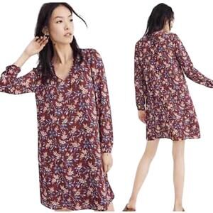 Madewell  Button Back Long Sleeve V-Neck Maroon Antique Floral Boho Dress Medium